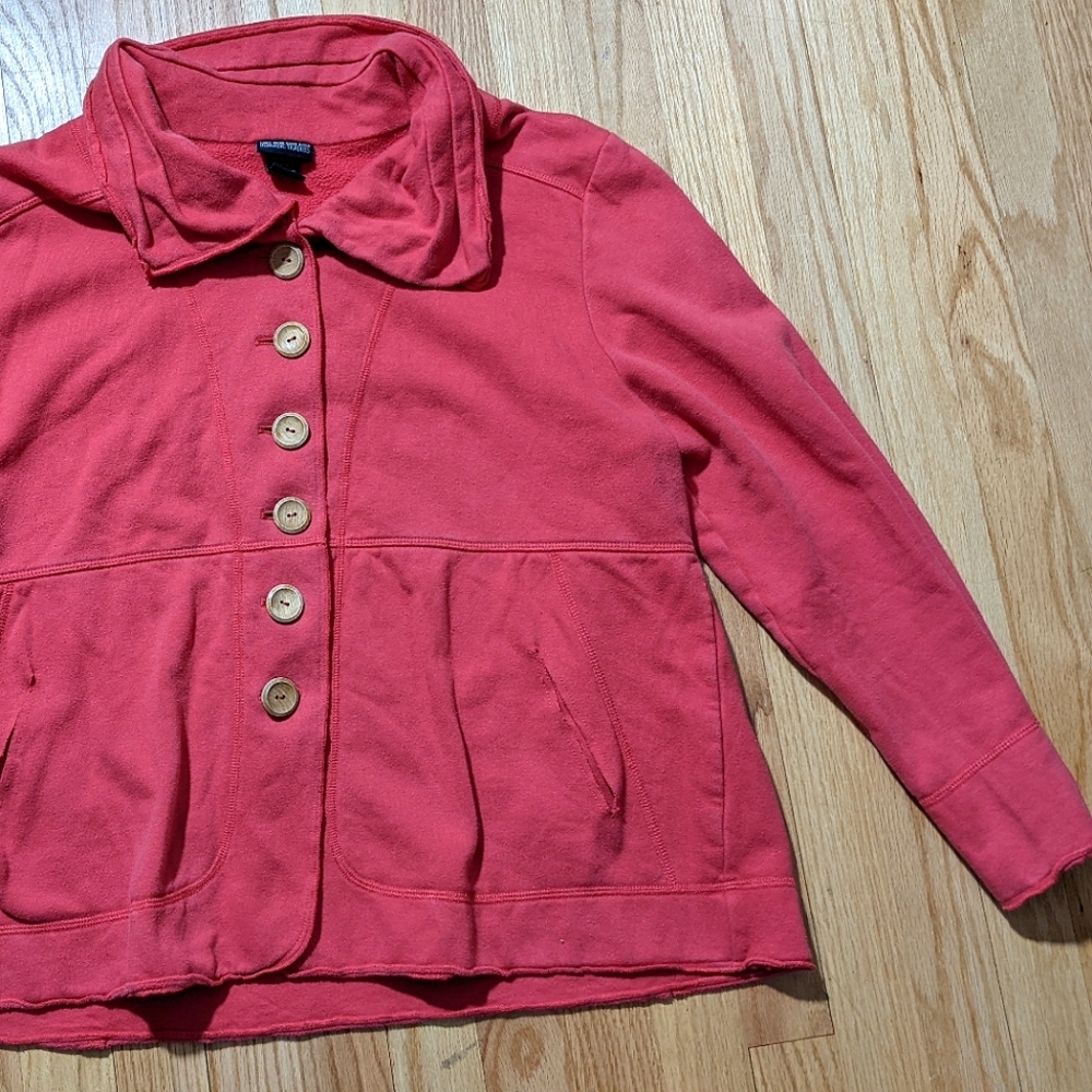 Red sweater wood buttons